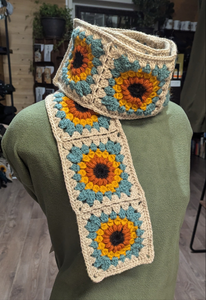 Crochet Scarf. Sky Blue and Sunflowers