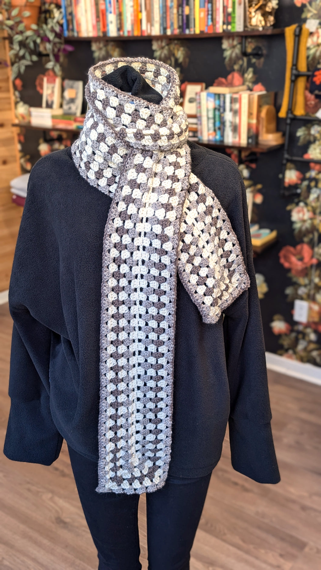 Crochet Scarf - Grey, Brown & White