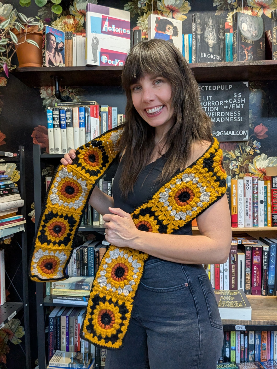 Crochet Scarf. Sunflower & Black